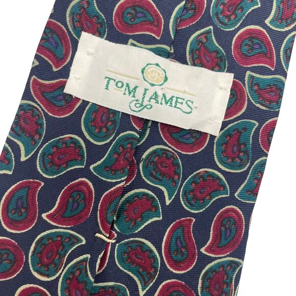 Vintage Tom James Silk Red Green Paisley Print Handmade Tie Mens One Size - Picture 6 of 7